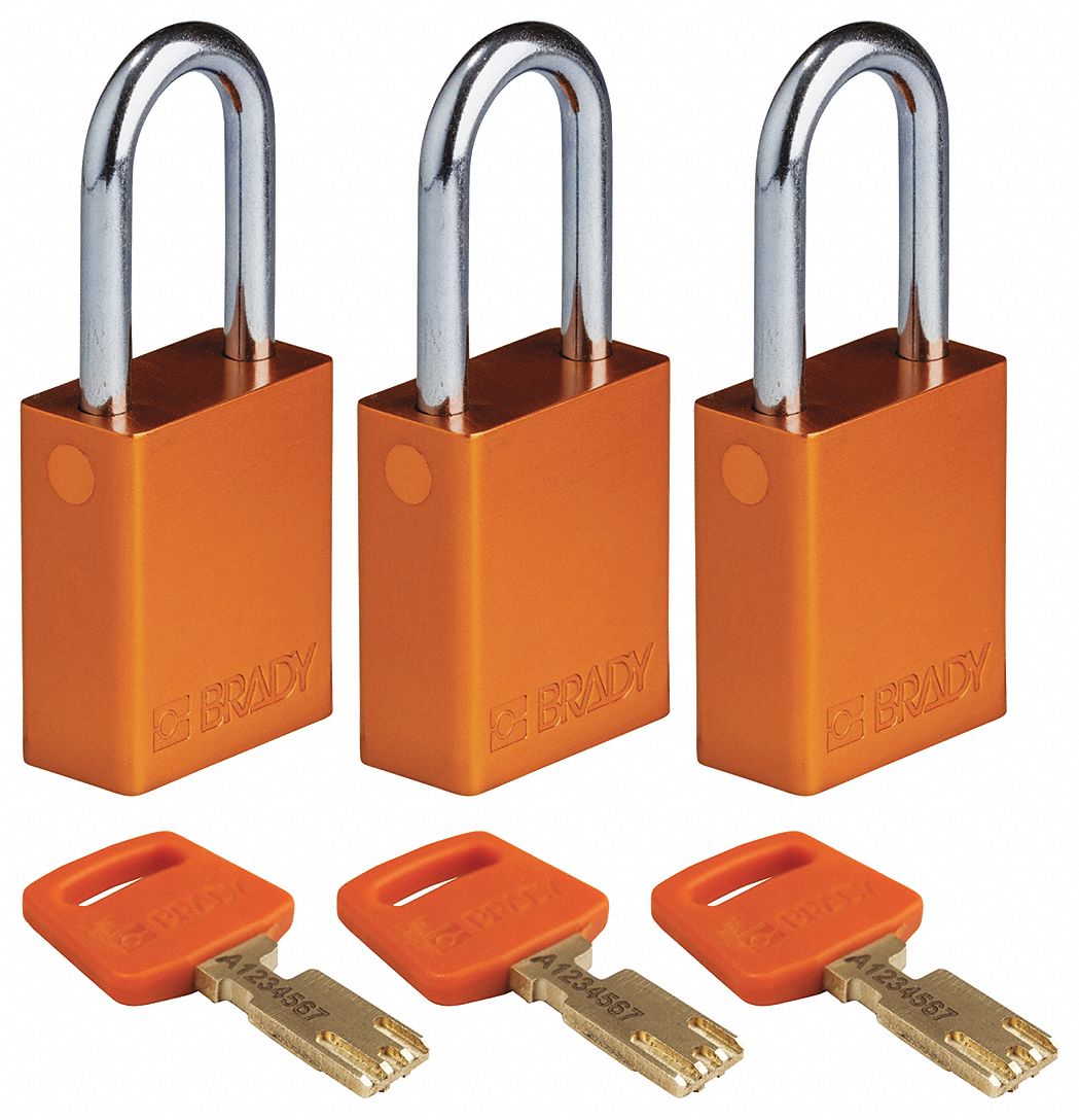 Lockout Padlock: Keyed Alike, Aluminum, Std Body Body Size, Steel, Std, Orange, 3 Pack Size