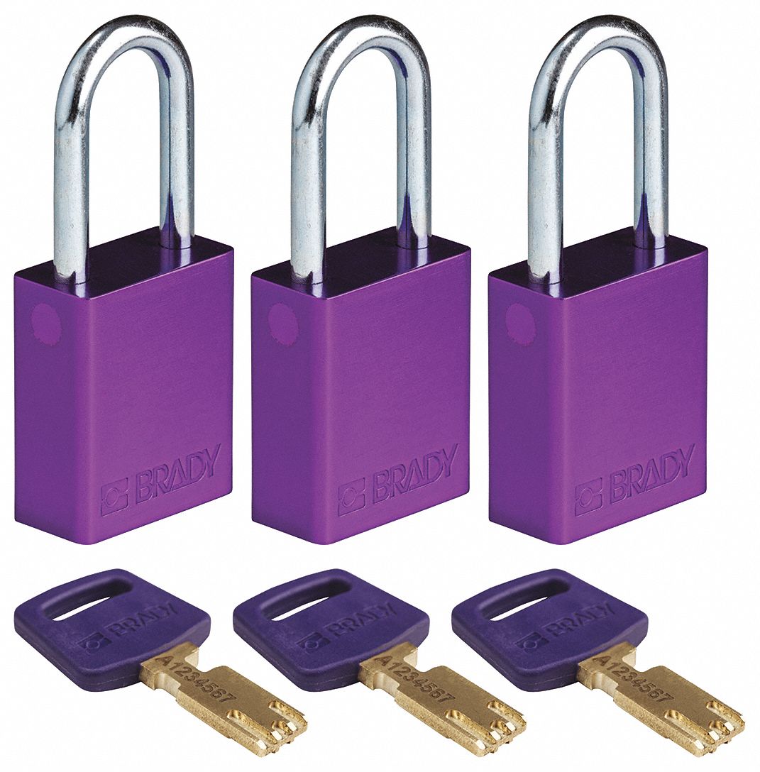 Lockout Padlock: Keyed Alike, Aluminum, Std Body Body Size, Steel, Std, Purple, 3 Pack Size