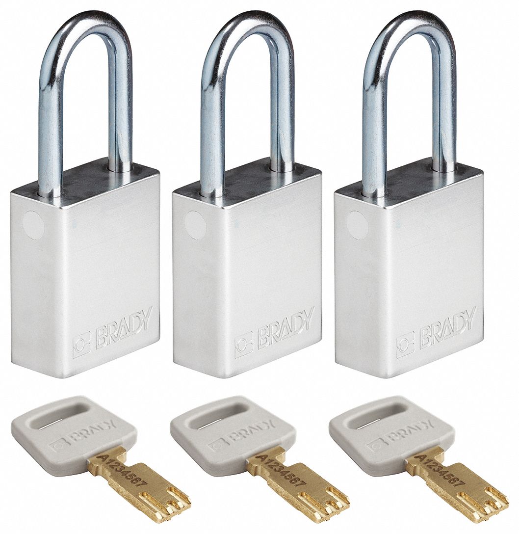 Lockout Padlock: Keyed Alike, Aluminum, Std Body Body Size, Steel, Std, Silver, 3 Pack Size
