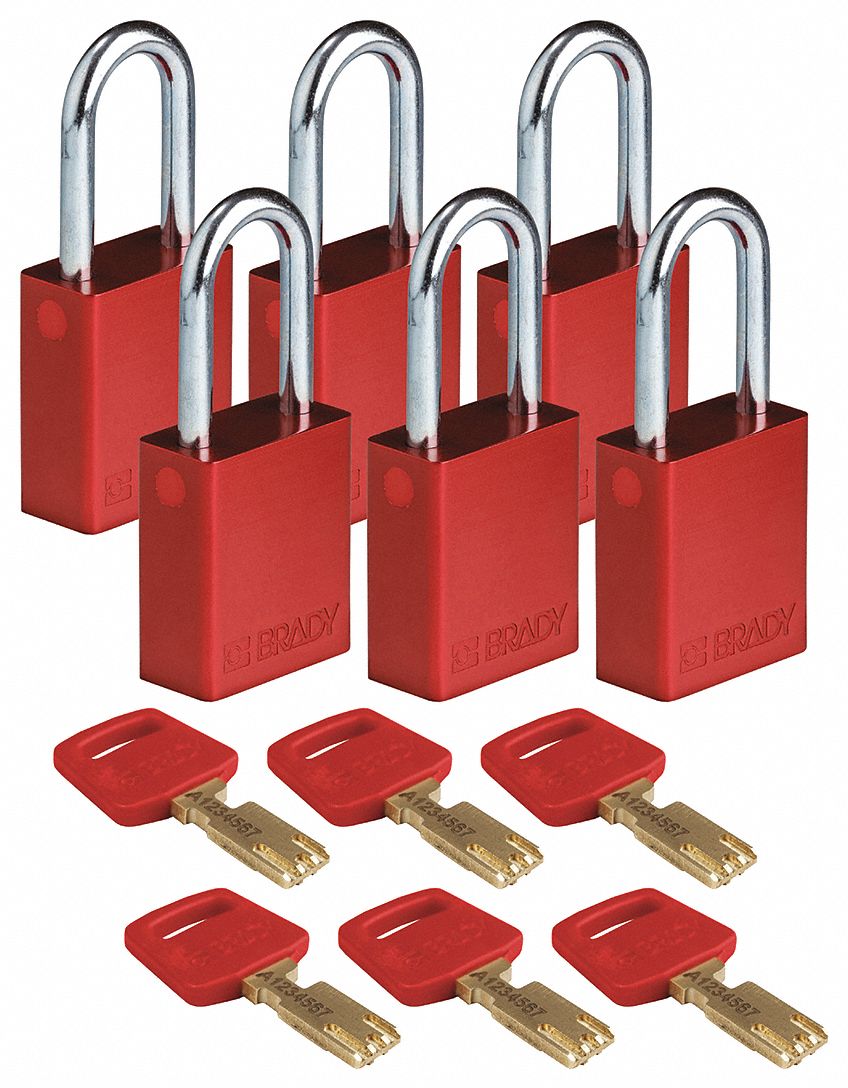 Lockout Padlock: Keyed Alike, Aluminum, Std Body Body Size, Steel, Std, Red, 6 Pack Size