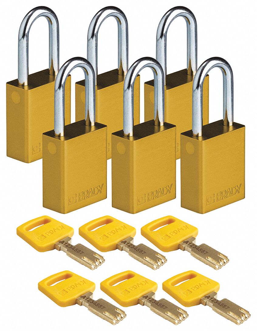 Lockout Padlock: Keyed Alike, Aluminum, Std Body Body Size, Steel, Std, Yellow, 6 Pack Size
