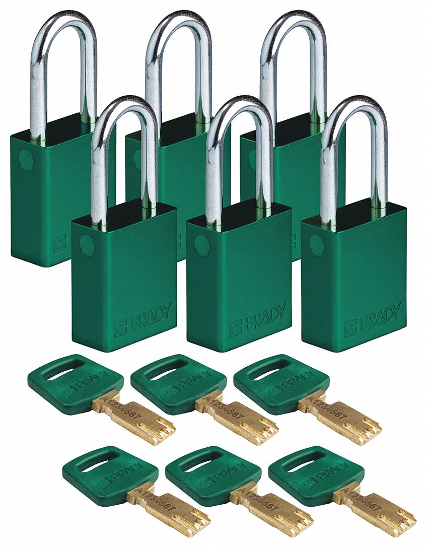 Lockout Padlock: Keyed Alike, Aluminum, Std Body Body Size, Steel, Std, Green, 6 Pack Size