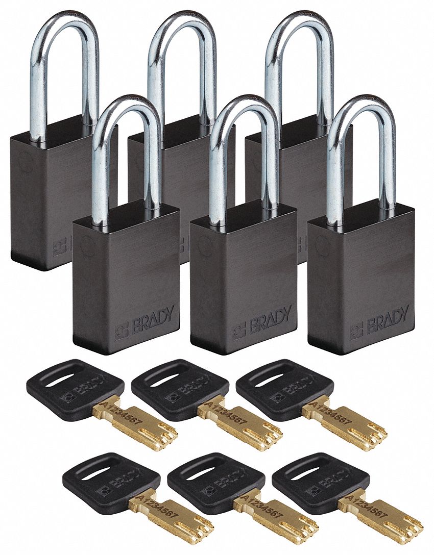Lockout Padlock: Keyed Alike, Aluminum, Std Body Body Size, Steel, Std, Black, 6 Pack Size