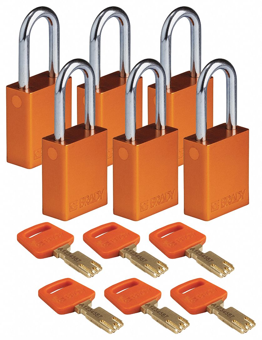 Lockout Padlock: Keyed Alike, Aluminum, Std Body Body Size, Steel, Std, Orange, 6 Pack Size