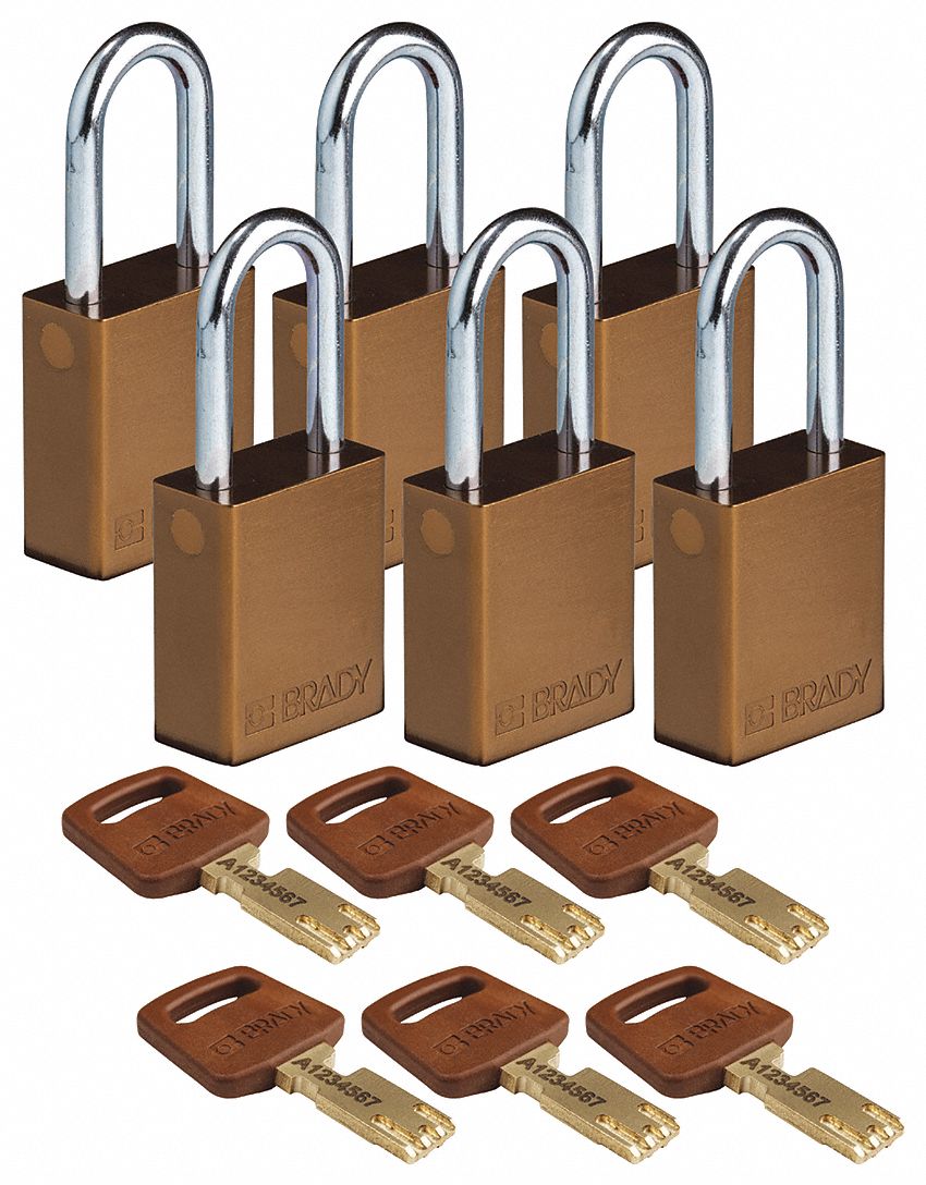 Lockout Padlock: Keyed Alike, Aluminum, Std Body Body Size, Steel, Std, Brown, 6 Pack Size