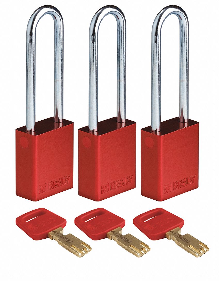 Lockout Padlock: Keyed Alike, Aluminum, Std Body Body Size, Steel, Extended, Red, 3 Pack Size