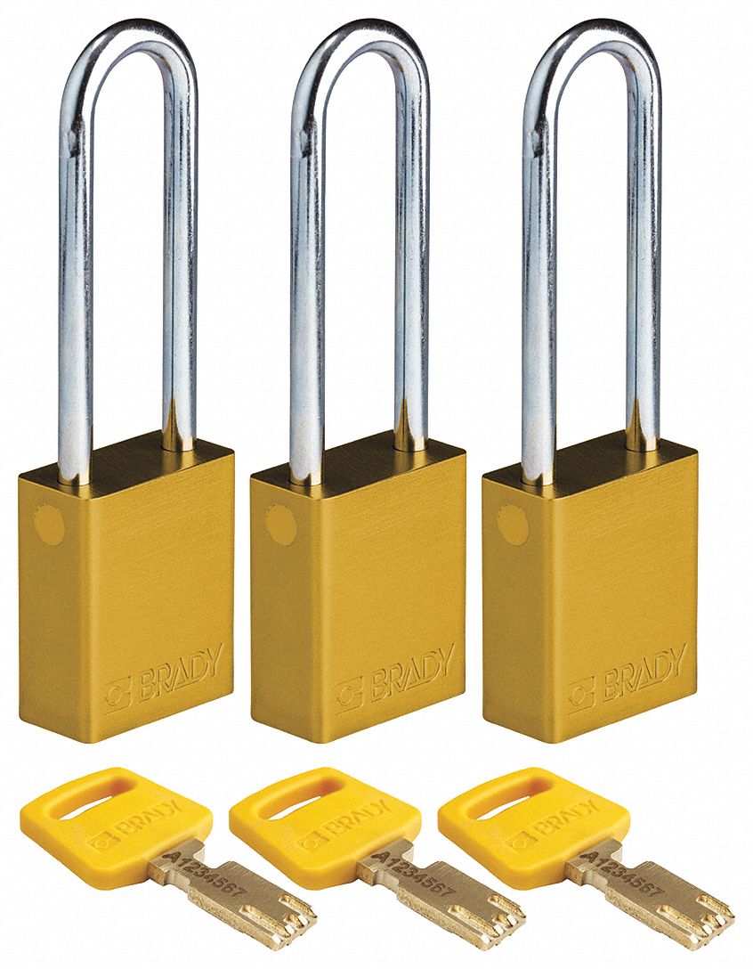 Lockout Padlock: Keyed Alike, Aluminum, Std Body Body Size, Steel, Extended, Yellow, Aluminum