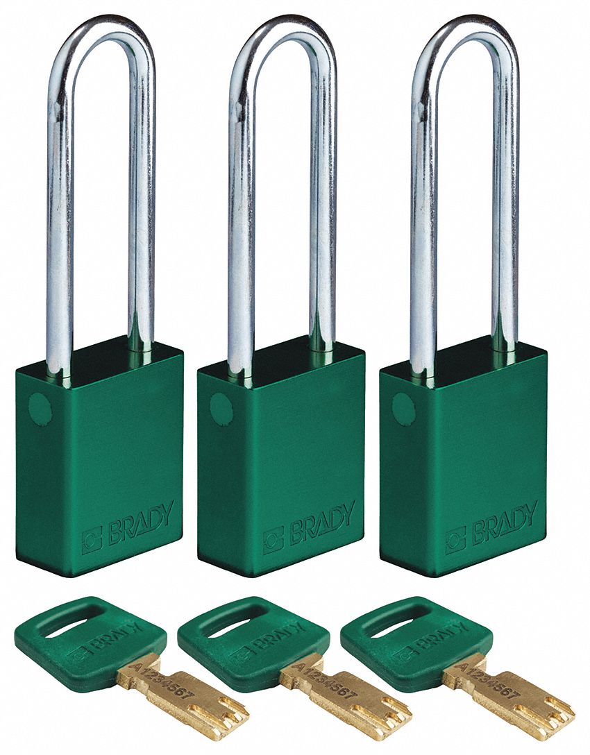 Lockout Padlock: Keyed Alike, Aluminum, Std Body Body Size, Steel, Extended, Green, Aluminum