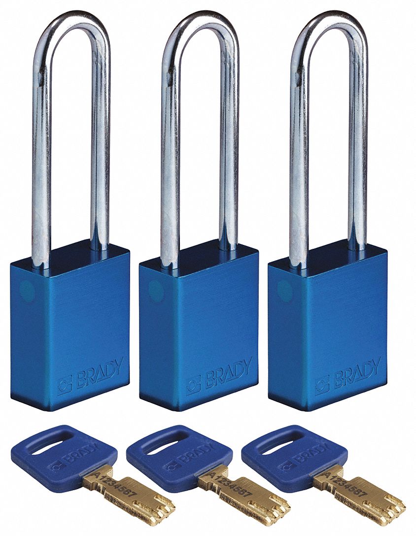 Lockout Padlock: Keyed Alike, Aluminum, Std Body Body Size, Steel, Extended, Blue, 3 Pack Size