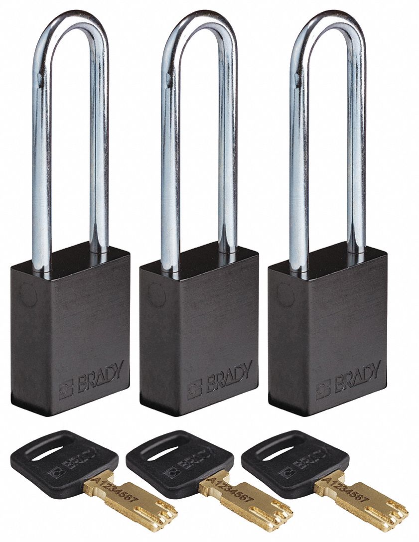Lockout Padlock: Keyed Alike, Aluminum, Std Body Body Size, Steel, Extended, Black, Aluminum