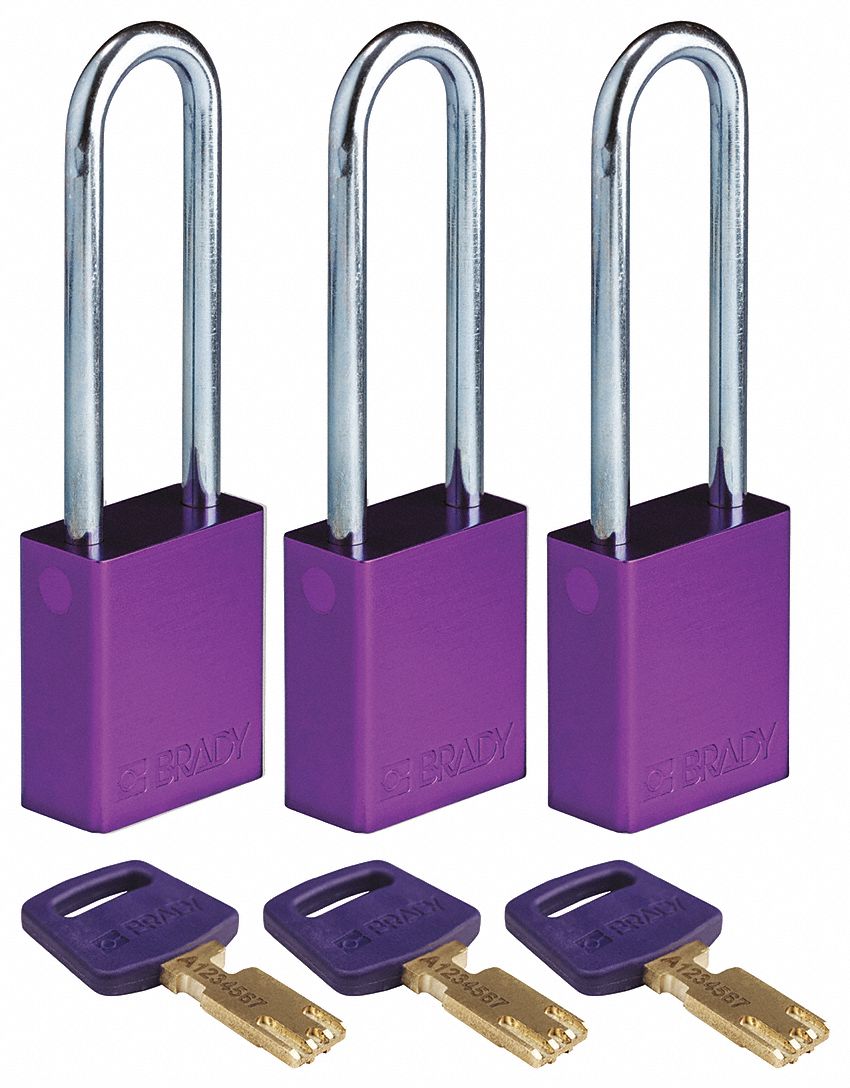 Lockout Padlock: Keyed Alike, Aluminum, Std Body Body Size, Steel, Extended, Purple, Aluminum