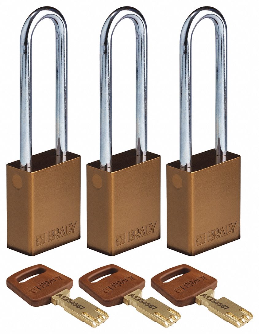 Lockout Padlock: Keyed Alike, Aluminum, Std Body Body Size, Steel, Extended, Brown, Aluminum