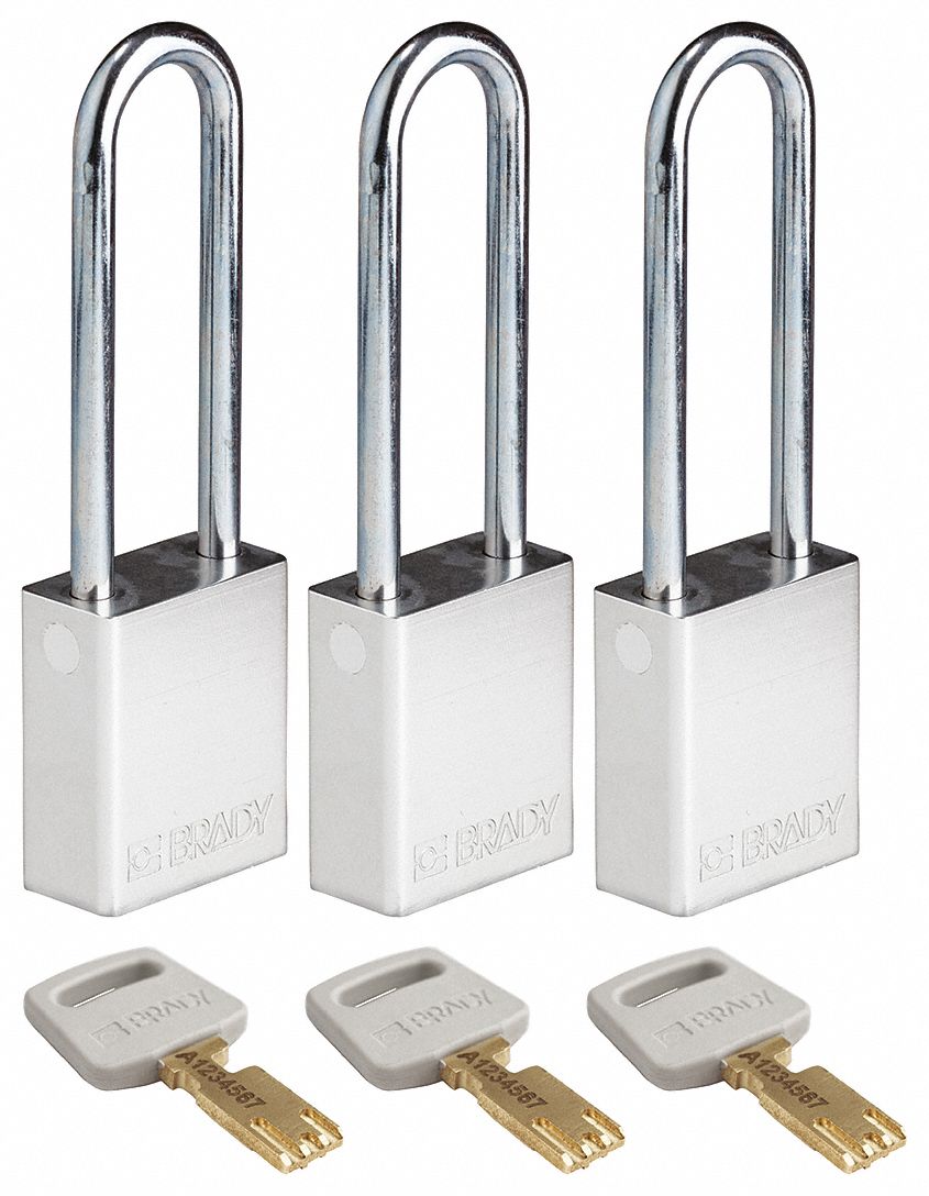 Lockout Padlock: Keyed Alike, Aluminum, Std Body Body Size, Steel, Extended, Silver, Aluminum