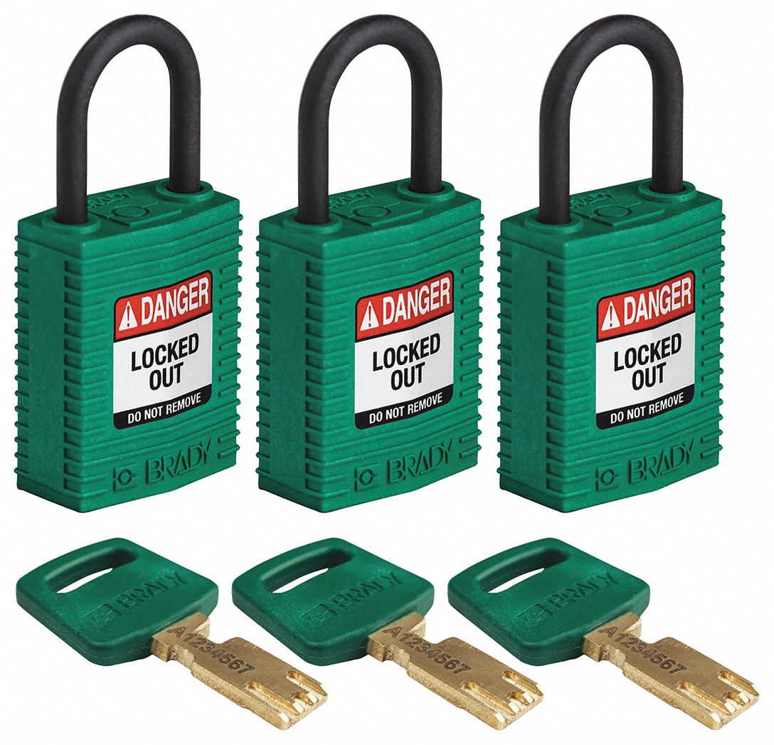 Lockout Padlock: Keyed Alike, Nylon, Compact Body Body Size, Plastic, Std, Green, 3 Pack Size