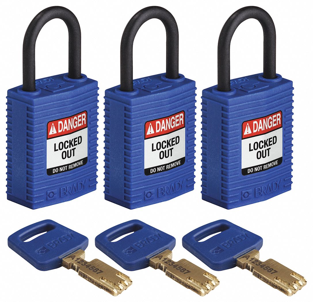 BRADY, Keyed Alike, Nylon, Lockout Padlock 55JY62CPTBLU25PLKA3PK