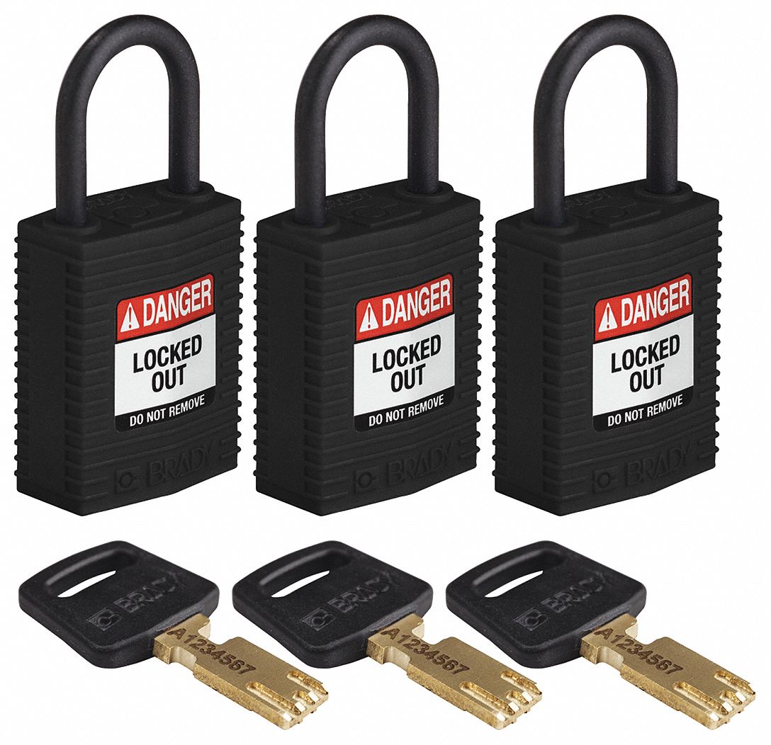 Lockout Padlock: Keyed Alike, Nylon, Compact Body Body Size, Plastic, Std, Black, 3 Pack Size