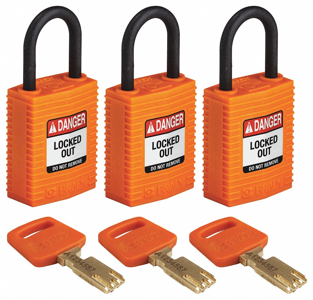 Lockout Padlock: Keyed Alike, Nylon, Compact Body Body Size, Plastic, Std, Orange, 3 Pack Size