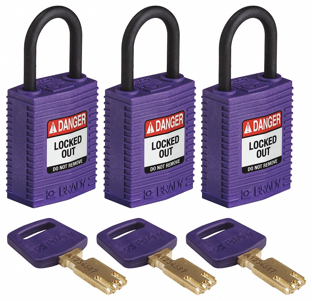 Lockout Padlock: Keyed Alike, Nylon, Compact Body Body Size, Plastic, Std, Purple, 3 Pack Size