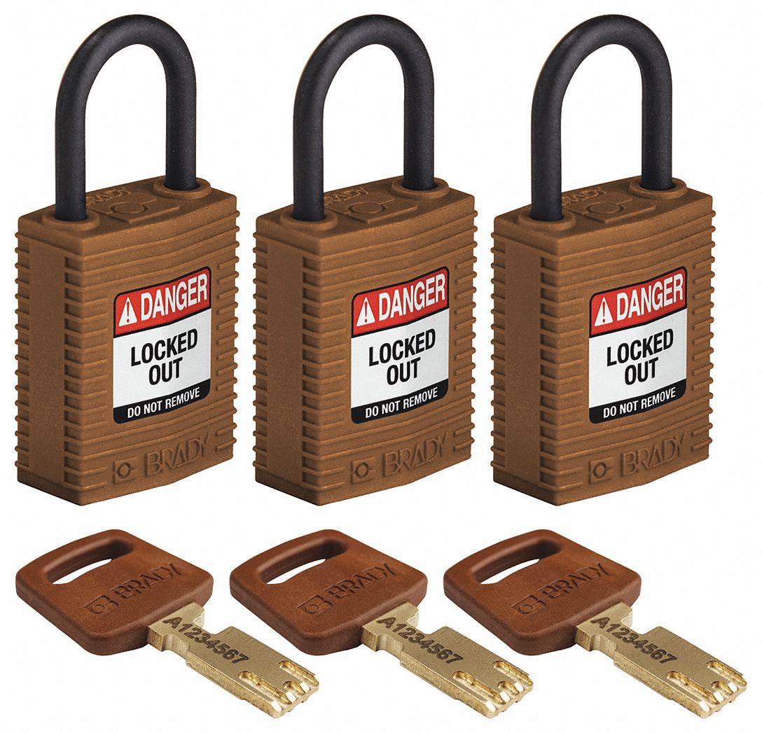 Lockout Padlock: Keyed Alike, Nylon, Compact Body Body Size, Plastic, Std, Brown, 3 Pack Size