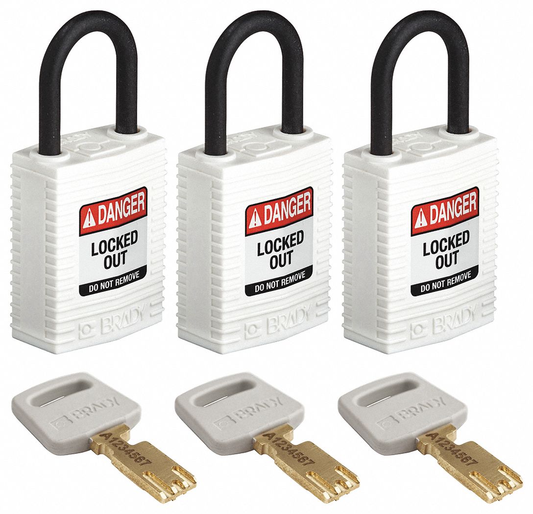 Lockout Padlock: Keyed Alike, Nylon, Compact Body Body Size, Plastic, Std, White, 3 Pack Size