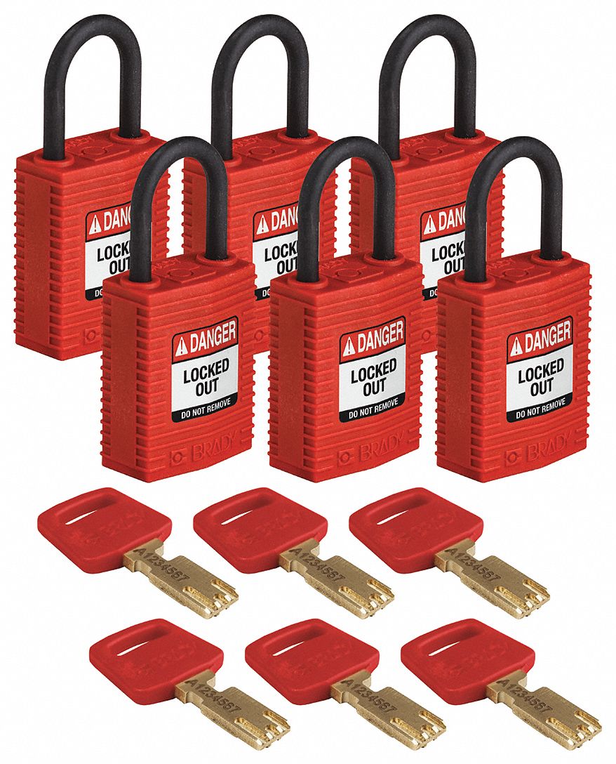 Lockout Padlock: Keyed Alike, Nylon, Compact Body Body Size, Plastic, Std, Red, 6 Pack Size