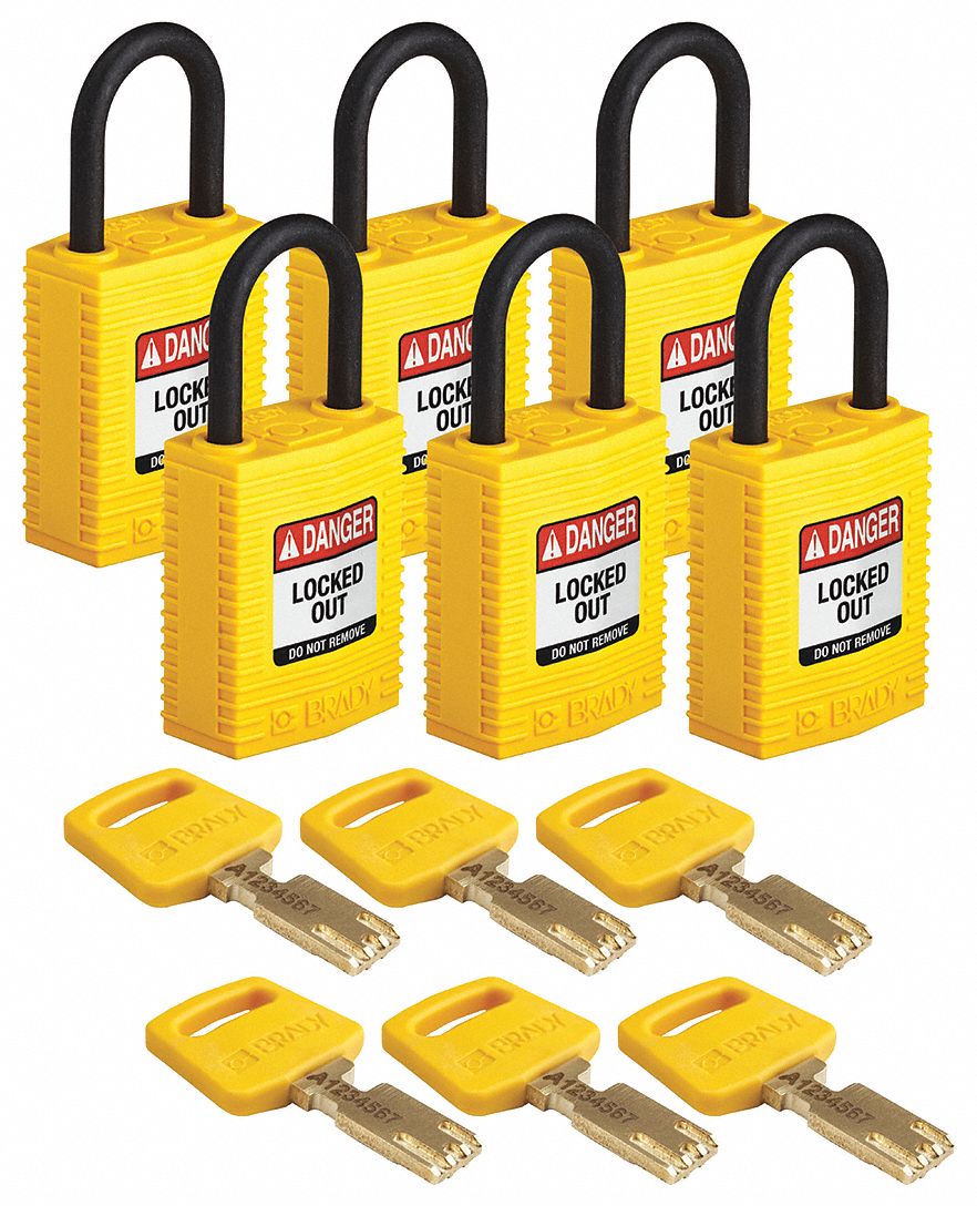Lockout Padlock: Keyed Alike, Nylon, Compact Body Body Size, Plastic, Std, Yellow, 6 Pack Size