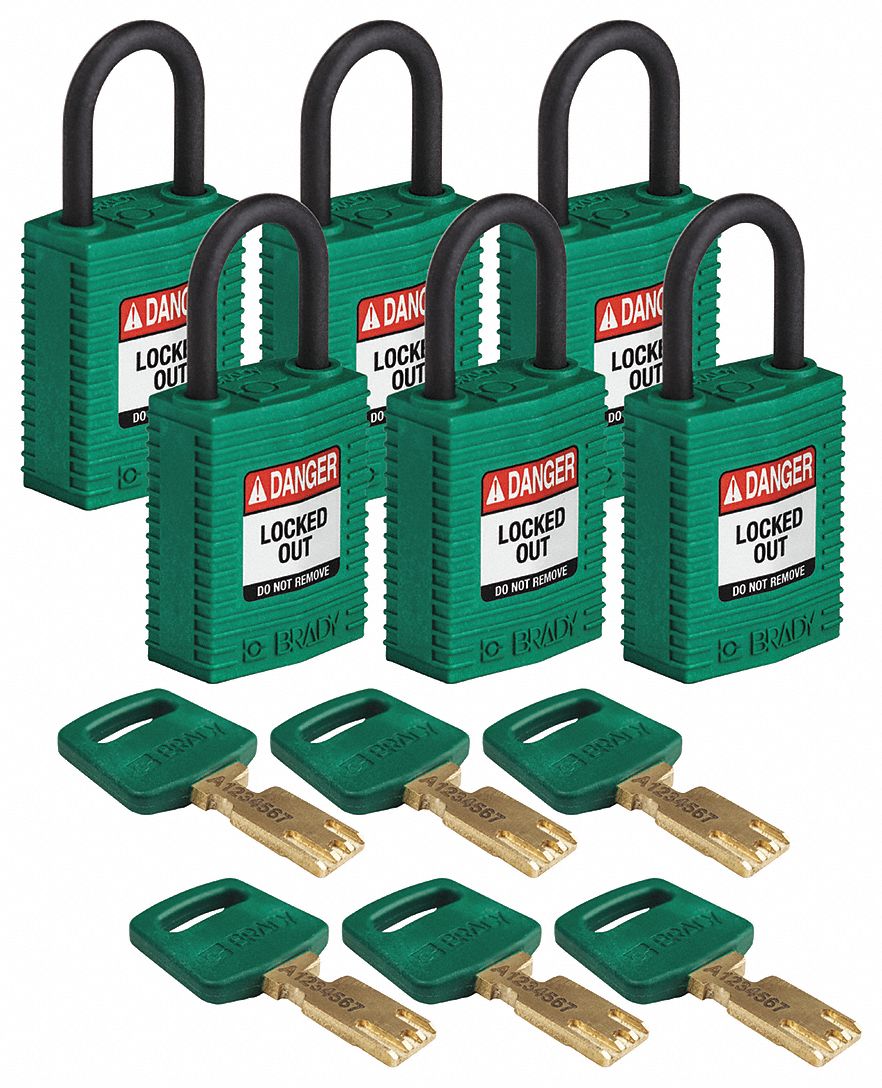 Lockout Padlock: Keyed Alike, Nylon, Compact Body Body Size, Plastic, Std, Green, 6 Pack Size
