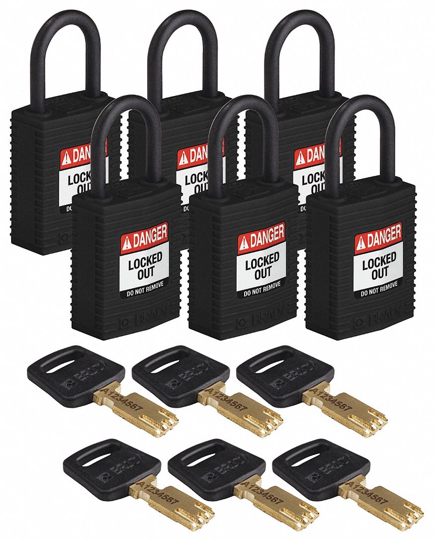 Lockout Padlock: Keyed Alike, Nylon, Compact Body Body Size, Plastic, Std, Black, 6 Pack Size