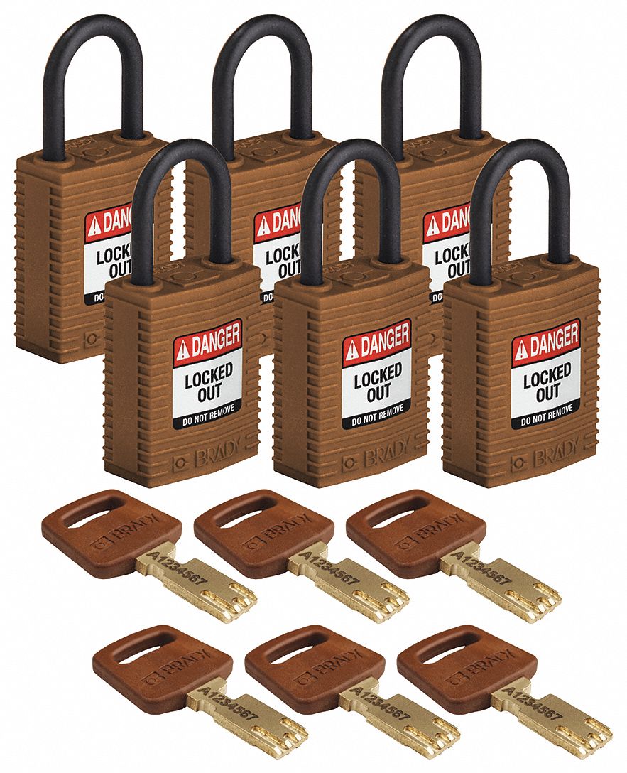 Lockout Padlock: Keyed Alike, Nylon, Compact Body Body Size, Plastic, Std, Brown, 6 Pack Size