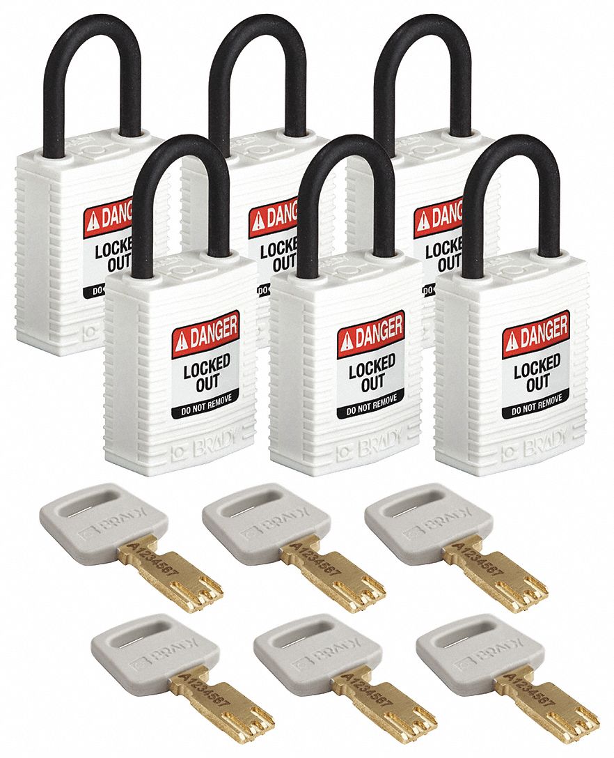 Lockout Padlock: Keyed Alike, Nylon, Compact Body Body Size, Plastic, Std, White, 6 Pack Size