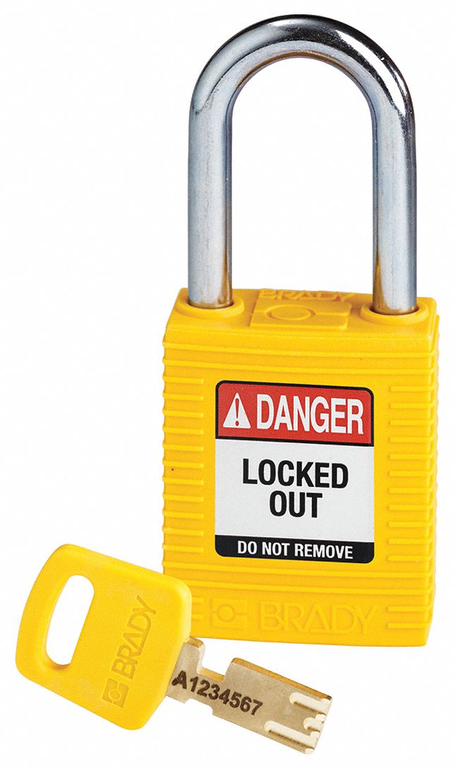 Lockout Padlock: Keyed Different, Nylon, Std Body Body Size, Steel, Std, Yellow, 1 Pack Size