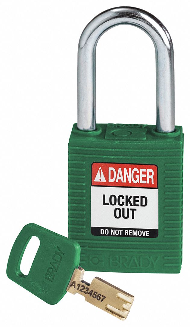 Lockout Padlock: Keyed Different, Nylon, Std Body Body Size, Steel, Std, Green, 1 Pack Size