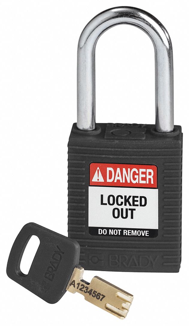 Lockout Padlock: Keyed Different, Nylon, Std Body Body Size, Steel, Std, Black, 1 Pack Size