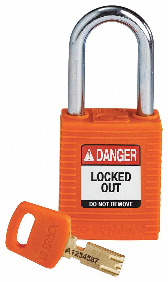 Lockout Padlock: Keyed Different, Nylon, Std Body Body Size, Steel, Std, Orange, 1 Pack Size