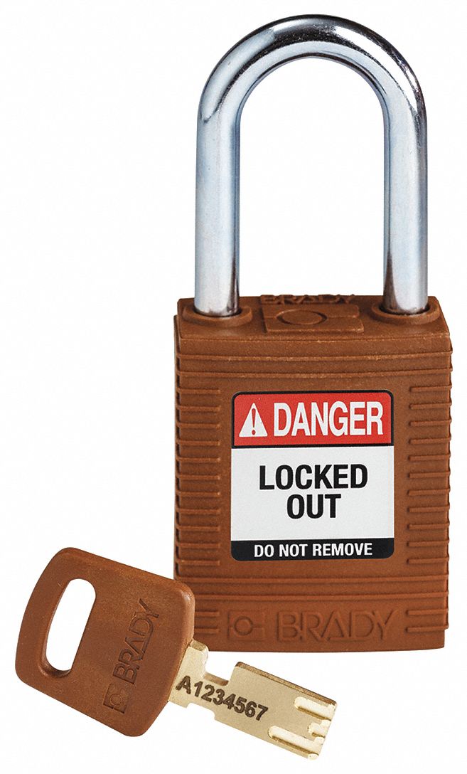 Lockout Padlock: Keyed Different, Nylon, Std Body Body Size, Steel, Std, Brown, 1 Pack Size
