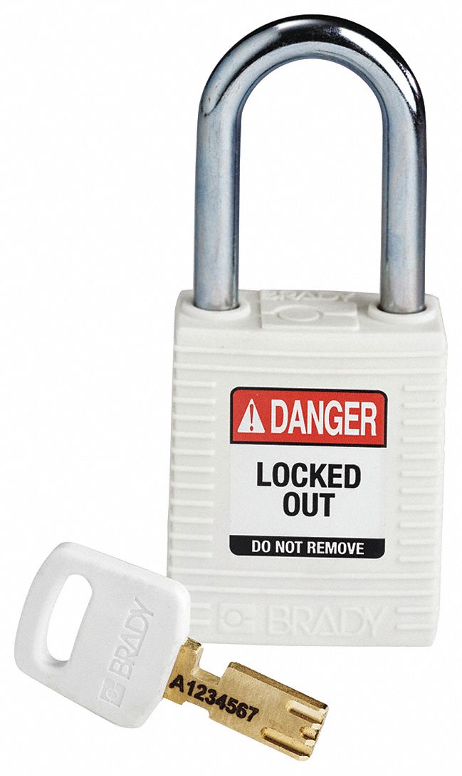 Lockout Padlock: Keyed Different, Nylon, Std Body Body Size, Steel, Std, White, 1 Pack Size