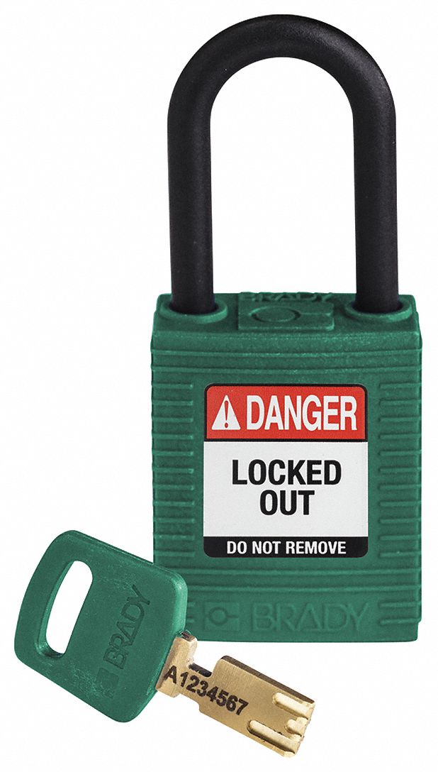 Lockout Padlock: Keyed Different, Nylon, Std Body Body Size, Plastic, Std, Green, 1 Pack Size