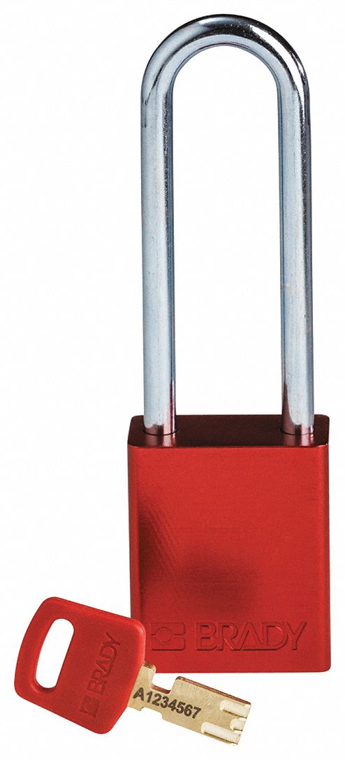 Lockout Padlock: Keyed Different, Aluminum, Std Body Body Size, Steel, Extended, Red, Aluminum