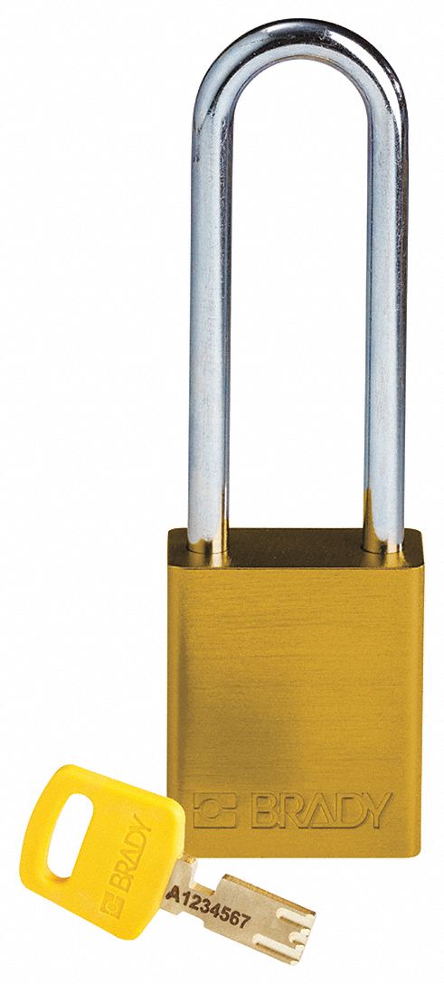 Lockout Padlock: Keyed Different, Aluminum, Std Body Body Size, Steel, Extended, Yellow, BRADY