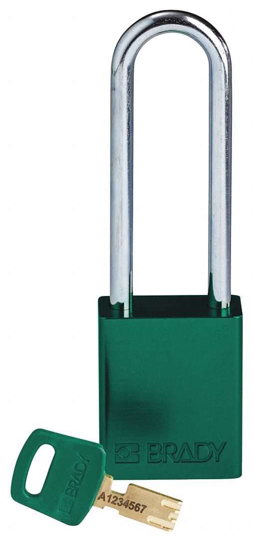 Lockout Padlock: Keyed Different, Aluminum, Std Body Body Size, Steel, Extended, Green, BRADY