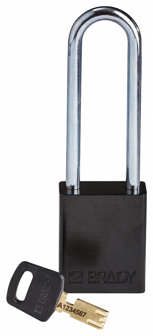 Lockout Padlock: Keyed Different, Aluminum, Std Body Body Size, Steel, Extended, Black, BRADY