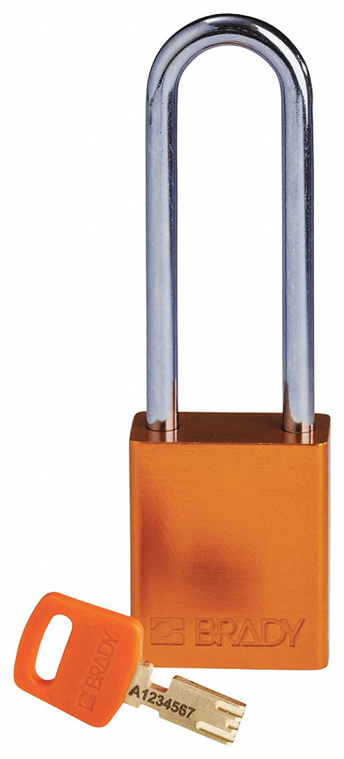 Lockout Padlock: Keyed Different, Aluminum, Std Body Body Size, Steel, Extended, Orange, BRADY
