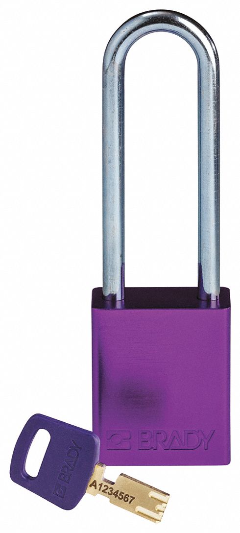 Lockout Padlock: Keyed Different, Aluminum, Std Body Body Size, Steel, Extended, Purple, BRADY