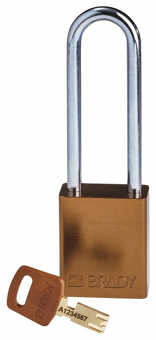 Lockout Padlock: Keyed Different, Aluminum, Std Body Body Size, Steel, Extended, Brown, BRADY