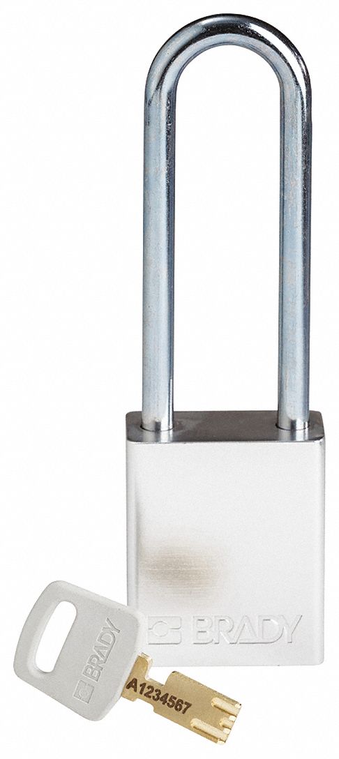 Lockout Padlock: Keyed Different, Aluminum, Std Body Body Size, Steel, Extended, Silver, BRADY
