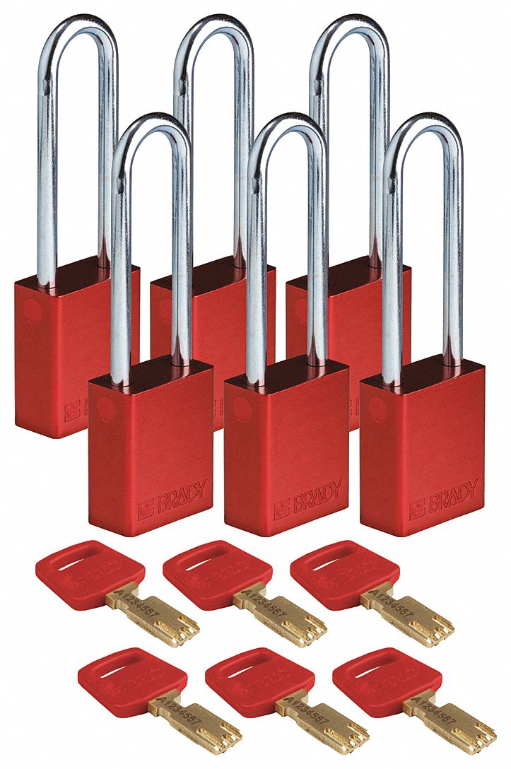 Lockout Padlock: Keyed Alike, Aluminum, Std Body Body Size, Steel, Extended, Red, 6 Pack Size