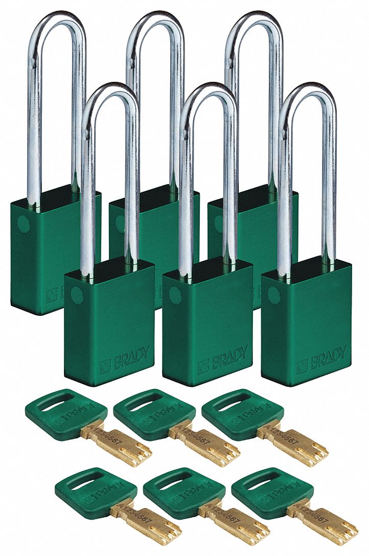 Lockout Padlock: Keyed Alike, Aluminum, Std Body Body Size, Steel, Extended, Green, Aluminum