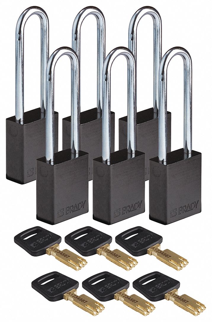 Lockout Padlock: Keyed Alike, Aluminum, Std Body Body Size, Steel, Extended, Black, Aluminum