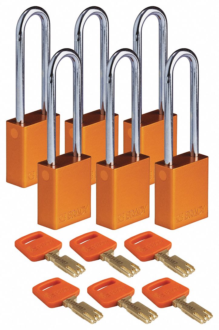 Lockout Padlock: Keyed Alike, Aluminum, Std Body Body Size, Steel, Extended, Orange, Aluminum