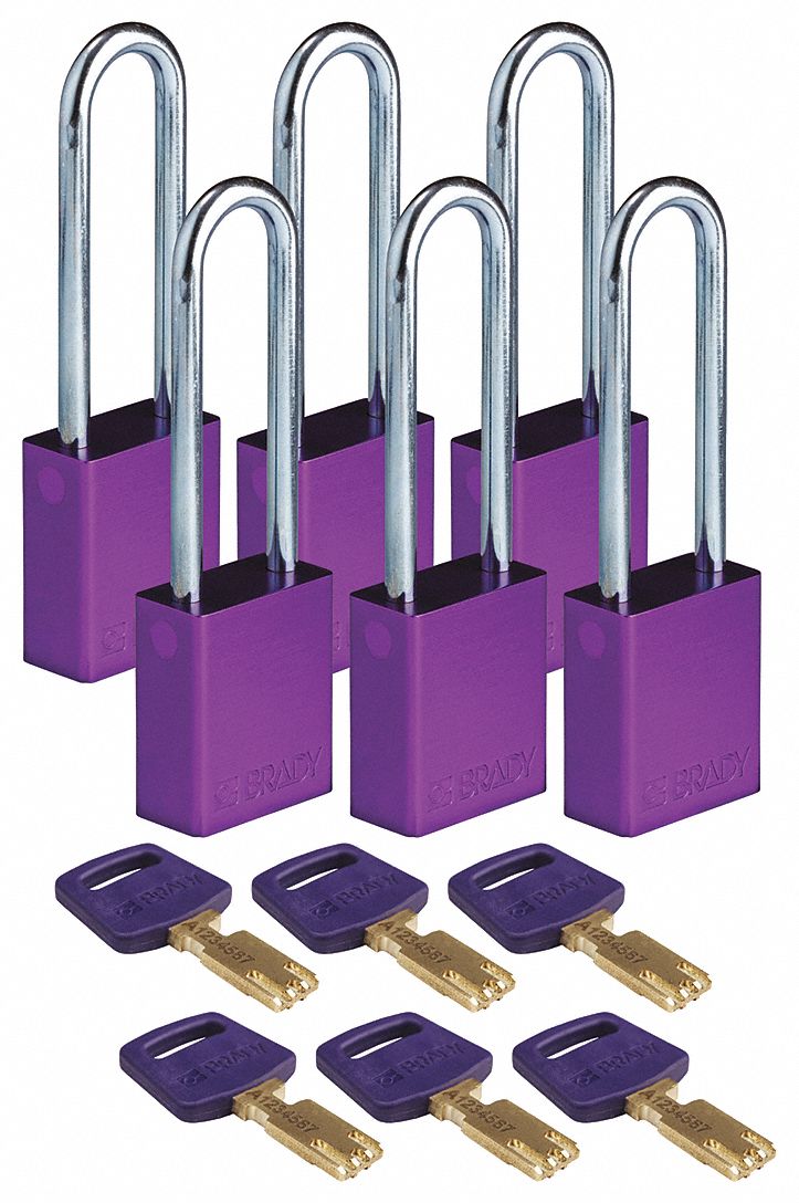 Lockout Padlock: Keyed Alike, Aluminum, Std Body Body Size, Steel, Extended, Purple, Aluminum